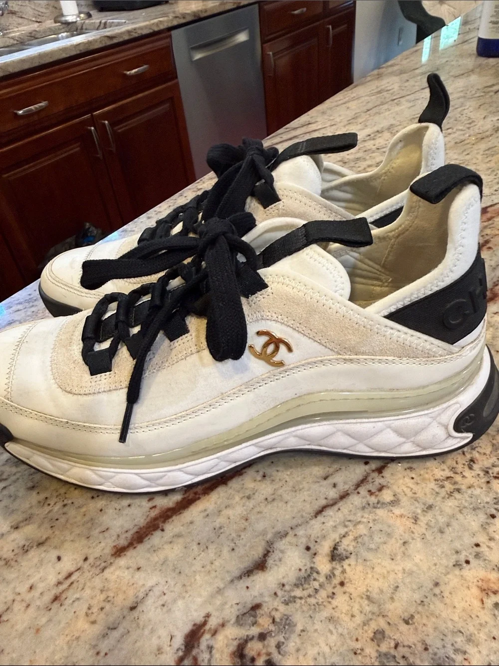CHANEL Cream and Black Lace-Up Chunky Sneakers